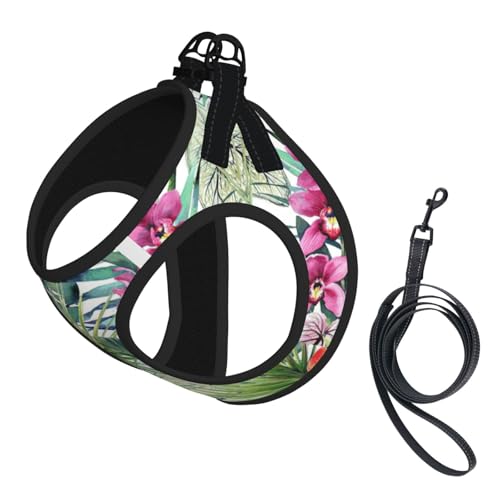 Geschirr-Set mit tropischen Pflanzen für Katzen und Hunde, reflektierend, verstellbar, weich, atmungsaktiv, Netzweste mit ausbruchsicherer Leine, für kleine Haustiere und Kätzchen, Welpen von MBCbjg