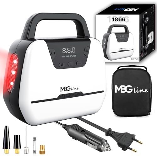 MBG line® Luftkompressor Auto 1866, Kompressor 12V 230V | Autopumpe mit digitaler Anzeige, LED-Licht und Adapter-Set | Luftpumpe für Auto, Motorrad, Fahrrad und mehr von MBG line