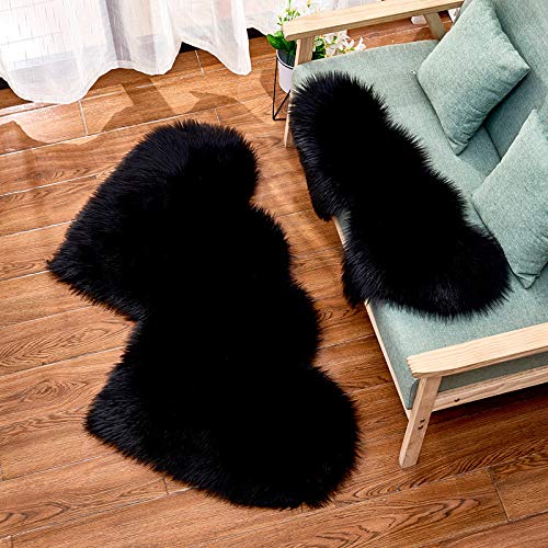 MBHHU Red Heart Fellteppiche for Schlafzimmer, ästhetisch, klein, Kunstschaffell, waschbar, for Stühle, 35 x 70 cm(Black,Double Heart 90x180cm/35.4x70.7in) von MBHHU