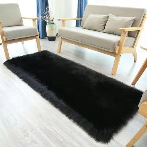 MBHHU Rosa rechteckige Kunstfell-Teppiche for Schlafzimmer, waschbarer Kunstschaffell-Teppich for Wohnzimmer, 50 x 80 cm(Black,Rectangle 50x80cm/19.7x31.4in) von MBHHU