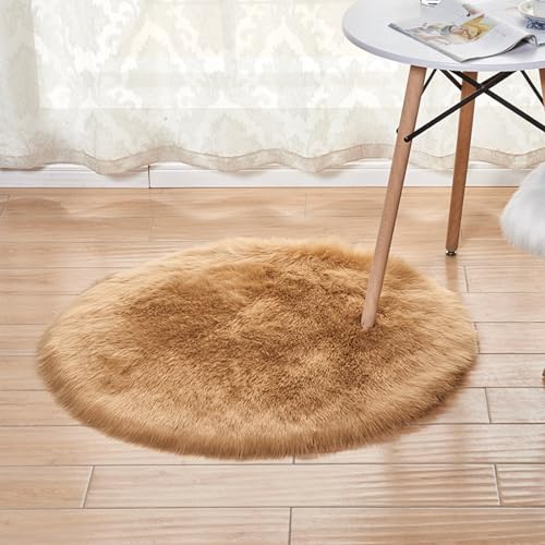 MBHHU Roter runder Kunstfellteppich for Schlafzimmer, waschbarer Kunstschaffellteppich for Wohnzimmer, Durchmesser 60 cm(Roundkhaki,Round Diameter 150cm/59in) von MBHHU