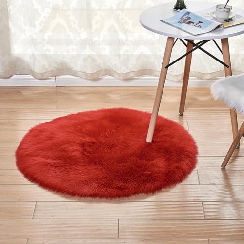 MBHHU Roter runder Kunstfellteppich for Schlafzimmer, waschbarer Kunstschaffellteppich for Wohnzimmer, Durchmesser 60 cm(Roundred,Round Diameter 150cm/59in) von MBHHU