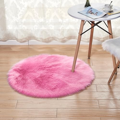 MBHHU Roter runder Kunstfellteppich for Schlafzimmer, waschbarer Kunstschaffellteppich for Wohnzimmer, Durchmesser 60 cm(Roundrose Red,Round Diameter 90cm/35.4in) von MBHHU