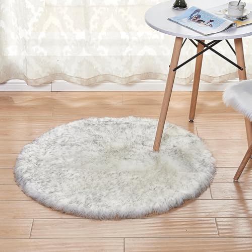 MBHHU Roter runder Kunstfellteppich for Schlafzimmer, waschbarer Kunstschaffellteppich for Wohnzimmer, Durchmesser 60 cm(Roundwhite Gray Tip,Round Diameter 120cm/47.2in) von MBHHU