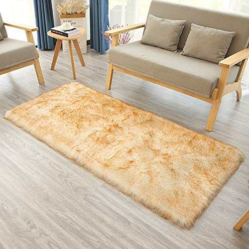 Rosa rechteckige Kunstfell-Teppiche for Schlafzimmer, waschbarer Kunstschaffell-Teppich for Wohnzimmer, 50 x 80 cm(White Yellow Tip,Rectangular 60x180cm/23.6x70.7in) von MBHHU