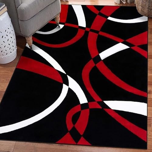 MBJKOAVC Teppich 200 x 280 cm Teppich Wohnzimmer Teppiche Schlafzimmer Waschbar Weich rutschfest Langlebig Abstrakte Linien schwarz rot weiß von MBJKOAVC