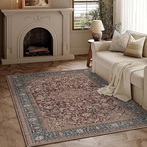 MBJKOAVC Teppich 200 x 280 cm Teppich Wohnzimmer Teppiche Schlafzimmer Waschbar Weich rutschfest Langlebig Retro Blumen rot blau von MBJKOAVC