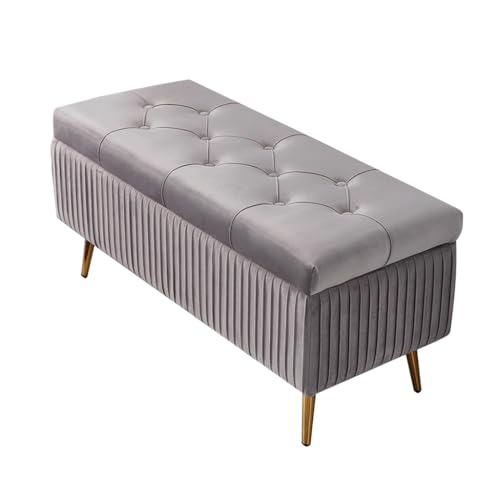 MBNKMEBU Ottomane mit Stauraum aus Samt, Eingangsbank mit Stauraum, Bank am Fußende des Bettes mit goldenen Beinen for Bett, Schlafzimmer, Wohnzimmer(Light Gray,80ccm) von MBNKMEBU