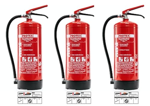 3 Pulver-Feuerlöscher – Protex Pulverfeuerlöscher – 6 kg - für die Brandklassen ABC – Zertifiziert nach DIN EN 3 und CE – je 9,5 kg – mit praktischer Halterung – mit Prüfplakette - Made in EU von MBS FIRE