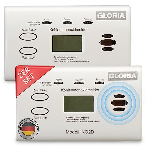 Gloria 2X KO2D Kohlenmonoxidmelder mit 10 Jahren Garantie und wechsebaren AA Batterien von MBS FIRE