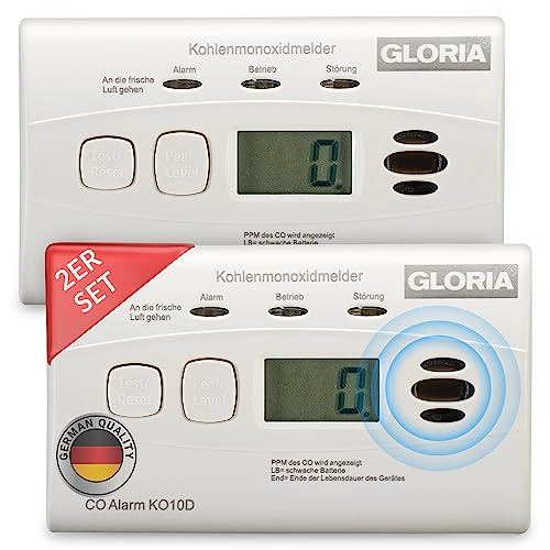 Gloria 2X Kohlenmonoxidmelder KO10D mit 10 Jahren Garantie und fest eingebauter Lithium Batterie von MBS FIRE