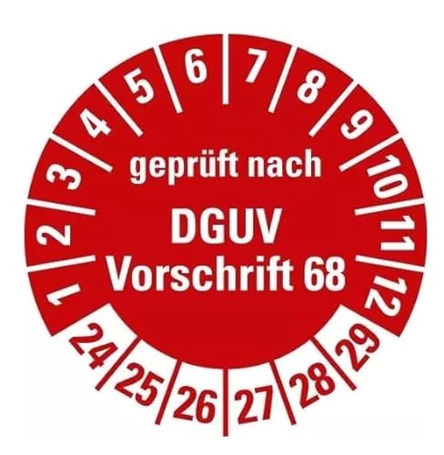 100 Stück – Mehrjahresprüfplakette „DGUV geprüft nach Vorschrift 68 | 24-29“ Etikett Folie Aufkleber, rot | Ø15-40mm Made in Germany, Größe: Ø30 mm von MBS-SIGNS