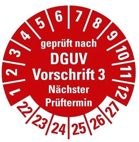 100 Stück – Mehrjahresprüfplakette „geprüft DGUV Vorschrift 3 Nächster Prüftermin 22-27“ Etikett Folie Aufkleber, rot | Ø15-40mm Made in Germany, Größe: Ø15 mm von MBS-SIGNS