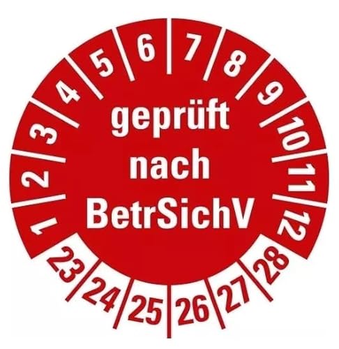 100 Stück – Mehrjahresprüfplakette „geprüft nach BetrSichV | 23-28“ Etikett Folie Aufkleber, rot | Ø15-40mm Made in Germany, Größe: Ø20 mm 100 Stück – Mehrjahresprüfplakette „geprüft nach BetrSichV | 23-28“ Etikett Folie Aufkleber, rot | Ø15-40mm Made in Germany, Größe: Ø20 mm von MBS-SIGNS
