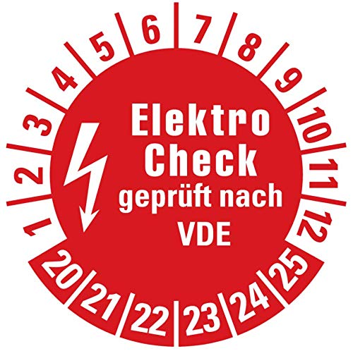 100 Stück - Prüfplakette"Elektro Check | 20-25" e-Check Elektro Prüfung Etikett Folie Aufkleber, rot | Ø 30mm Made in Germany von MBS-SIGNS