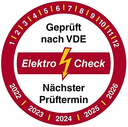 100 Stück - Prüfplakette Mehrjahresprüfplakette"Geprüft nach VDE Elektro-Check | 22-26" Prüfung Etikett Folie Aufkleber, rot | Ø15-40mm Made in Germany, Größe: Ø15 mm von MBS-SIGNS