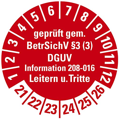 100 Stück - Prüfplakette Mehrjahresprüfplakette "geprüft gemäß Leitern/Tritte, BetrSichV §3 | 21-26" Etikett Folie Aufkleber, rot | Ø15-40mm Made in Germany, Größe: Ø30 mm von MBS-SIGNS
