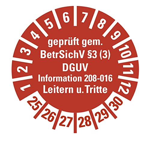 100 Stück - Prüfplakette Mehrjahresprüfplakette "geprüft gemäß Leitern/Tritte, BetrSichV §3 | 21-26" Etikett Folie Aufkleber, rot | Ø15-40mm Made in Germany (Ø30 mm | Jahr: 25-30) von MBS-SIGNS