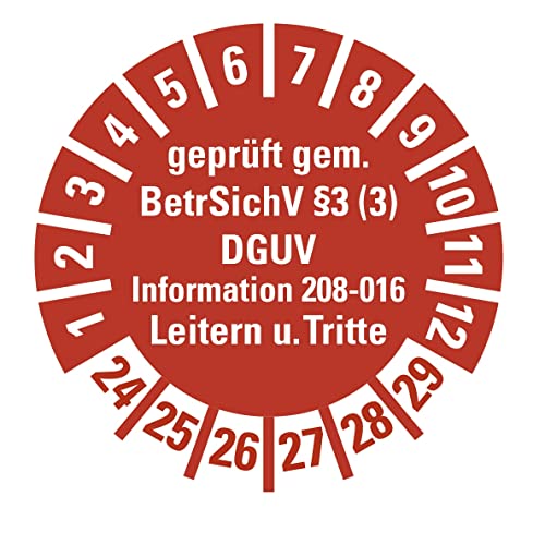 100 Stück - Prüfplakette Mehrjahresprüfplakette "geprüft gemäß Leitern/Tritte, BetrSichV §3 | 21-26" Etikett Folie Aufkleber, rot | Ø15-40mm Made in Germany (Ø30 mm | Jahr: 24-29) von MBS-SIGNS
