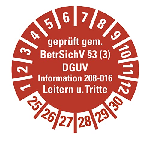 100 Stück - Prüfplakette Mehrjahresprüfplakette"geprüft gemäß Leitern/Tritte, BetrSichV §3 | 21-26" Etikett Folie Aufkleber, rot | Ø15-40mm Made in Germany (Ø30 mm | Jahr: 25-30) von MBS-SIGNS