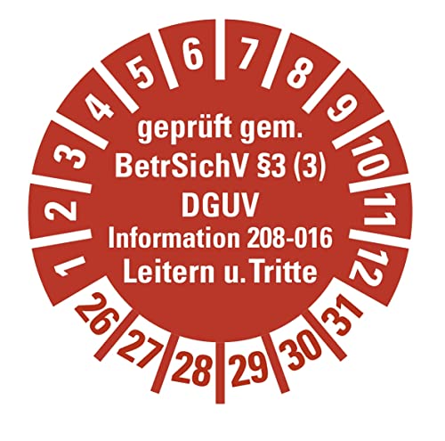 100 Stück - Prüfplakette Mehrjahresprüfplakette "geprüft gemäß Leitern/Tritte, BetrSichV §3 | 21-26" Etikett Folie Aufkleber, rot | Ø15-40mm Made in Germany (Ø30 mm | Jahr: 26-31) von MBS-SIGNS