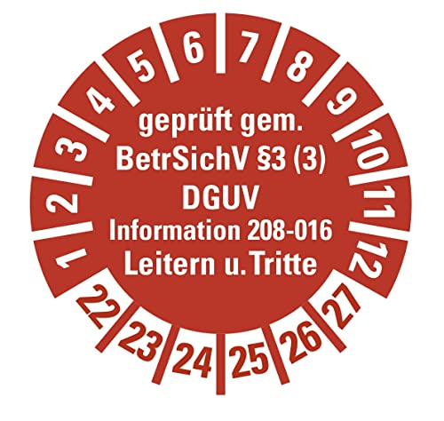 100 Stück - Prüfplakette Mehrjahresprüfplakette "geprüft gemäß Leitern/Tritte, BetrSichV §3 | 21-26" Etikett Folie Aufkleber, rot | Ø15-40mm Made in Germany (Ø30mm | Jahr: 22-27) von MBS-SIGNS
