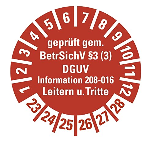 100 Stück - Prüfplakette Mehrjahresprüfplakette"geprüft gemäß Leitern/Tritte, BetrSichV §3 | 23-28" Etikett Folie Aufkleber, rot | Ø15-40mm Made in Germany, Größe: Ø20 mm von MBS-SIGNS