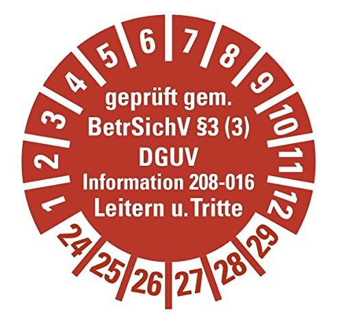 100 Stück - Prüfplakette Mehrjahresprüfplakette "geprüft gemäß Leitern/Tritte, BetrSichV §3 | 24-29" Etikett Folie Aufkleber, rot | Ø15-40mm Made in Germany, Größe: Ø15 mm von MBS-SIGNS