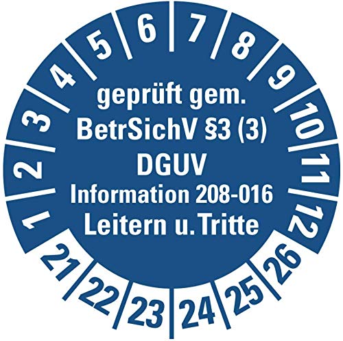 100 Stück - Prüfplakette Mehrjahresprüfplakette "geprüft gemäß Leitern/Tritte,BetrSichV §3 | 21-26" Etikett Folie Aufkleber, blau | Ø15-40mm Made in Germany, Größe: Ø30 mm von MBS-SIGNS