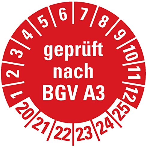 100 Stück - Prüfplakette Mehrjahresprüfplakette"geprüft nach BGV A3 | 20-25" Elektro Prüfung Etikett Folie Aufkleber, rot | Ø 20mm Made in Germany von MBS-SIGNS