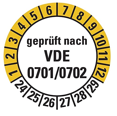 100 Stück - Prüfplakette Mehrjahresprüfplakette "geprüft nach VDE 0701/0702 | 24-29" Etikett Folie Aufkleber | Ø15-40mm Made in Germany, Größe: Ø15 mm von MBS-SIGNS