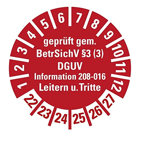 25 Stück - Prüfplakette Mehrjahresprüfplakette "geprüft gemäß Leitern/Tritte, BetrSichV §3 | 22-27" Etikett Folie Aufkleber, rot | Ø15-40mm Made in Germany, Größe: Ø20 mm von MBS-SIGNS