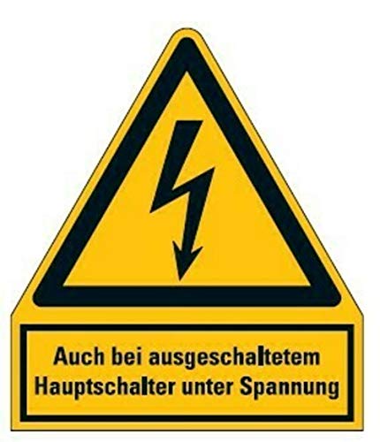 Aufkleber"Auch bei ausgeschaltetem Hauptschalter unter Spannung" Warnschild ISO 7010 | 210x245mm signalgelb made by MBS-SIGNS in Germany von MBS-SIGNS