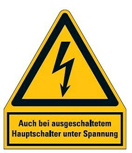 Aufkleber "Auch bei ausgeschaltetem Hauptschalter unter Spannung" Warnschild ISO 7010 | 210x245mm signalgelb made by MBS-SIGNS in Germany von MBS-SIGNS