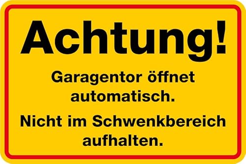 Aufkleber Hinweis „Achtung! Garagentor öffnet automatisch. Nicht im Schwenkbereich aufhalten.“ Schild Folie Signalgelb | Größe wählbar Made in Germany, Größen Name: 30x20 cm von MBS-SIGNS