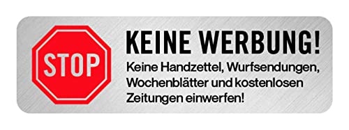 Aufkleber Hinweis"Bitte keine Werbung." Briefkasten Schild Folie selbstklebend Metallic-Look | Variante wählbar Made in Germany, Größe: STOP. | 14x4 cm von MBS-SIGNS