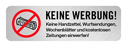 Aufkleber Hinweis "Bitte keine Werbung.." Briefkasten Schild Folie selbstklebend Metallic-Look | Variante wählbar Made in Germany, Größe: Zeitung | 6,8x2,1 cm von MBS-SIGNS