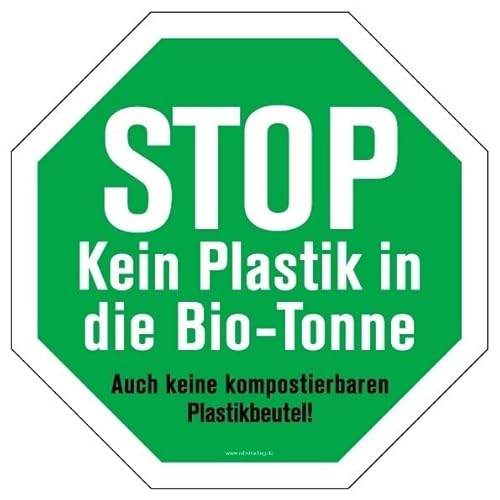MBS-SIGNS Aufkleber Hinweis Stop - Kein Plastik in die Biotonne. Recycling Schild Folie Oktogon, grün | 5-30cm Made in Germany, Größe: 10x10 cm von MBS-SIGNS