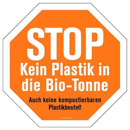 Aufkleber Hinweis"STOP - Kein Plastik in die Biotonne." Recycling Schild Folie Oktogon, orange | 5-30cm Made in Germany, Größe: 10x10 cm von MBS-SIGNS