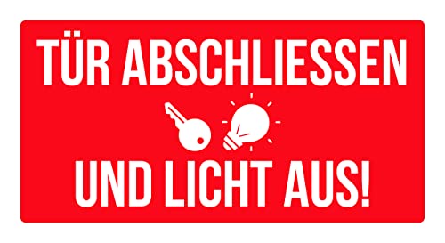 Aufkleber Hinweis Warnung Tür abschliessen und Licht aus! Schild Folie Folie, rot/weiß | 10x5cm Made in Germany von MBS-SIGNS