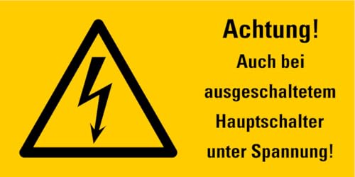 Aufkleber Kombi Warnzeichen „Achtung! Auch bei ausgeschaltetem Hauptschalter unter Spannung“ Spannungshinweis Symbol nach ISO 7010 (W012) | Größe wählbar Made in Germany, Größe: 37x74 mm von MBS-SIGNS