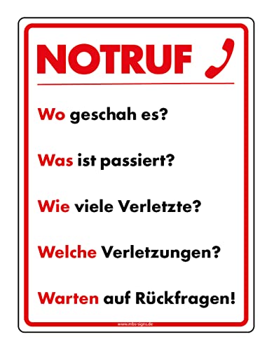 Aufkleber Rettungs Hinweis "Notruf W-Fragen" Notruf Schild Folie selbstklebend rot/weiß | Größen wählbar Made in Germany, Größen Name: 30x36 cm von MBS-SIGNS