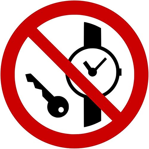 Aufkleber Verbotszeichen Schild"Mitführen von Metallteilen oder Uhren verboten" Folie ISO 7010 Ø5-30cm rot/weiß made by MBS-SIGNS in Germany, Größe: Ø5 cm von MBS-SIGNS