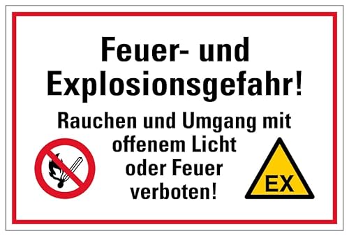 Aufkleber Warnung Hinweis „Feuer- und Explosionsgefahr! Rauchen und Umgang mit.“ Symbole Schild Folie | Größen wählbar Made in Germany, Größe: 10x15cm von MBS SIGNS