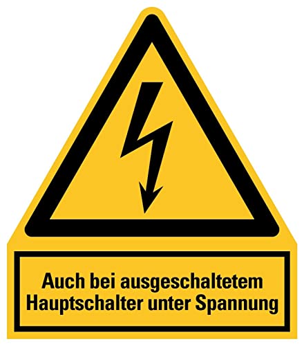 Aufkleber Warnung"Auch bei ausgeschaltetem Hauptschalter unter Spannung" Warnschild Folie signalgelb ähnl. ISO 7010 | Größen wählbar Made in Germany, Größe: 105x123 mm von MBS-SIGNS