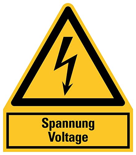 Aufkleber Warnung "Spannung Voltage" DE/EN Warnschild Folie signalgelb ähnl. ISO 7010 | Größen wählbar Made in Germany, Größe: 105x123 mm von MBS-SIGNS