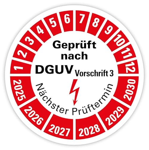 Prüfplakette „Geprüft nach DGUV Vorschrift 3 | 2025-2030“ Nächster Prüftermin Folie rot | Ø 20-40 mm Made in Germany, Größe: Ø 20 mm, Material: 100 Stück von MBS-SIGNS