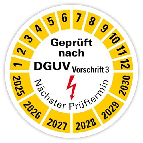 Prüfplakette Etikett „Geprüft nach DGUV Vorschrift 3 | 2025-2030“ Nächster Prüftermin Folie Gelb | Ø 20-40 mm Made in Germany, Größe: Ø 20 mm, Anzahl der Artikelpakete: 50 Stück Prüfplakette Etikett „Geprüft nach DGUV Vorschrift 3 | 2025-2030“ Nächster Prüftermin Folie Gelb | Ø 20-40 mm Made in Germany, Größe: Ø 20 mm, Anzahl der Artikelpakete: 50 Stück von MBS-SIGNS