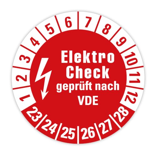 Prüfplakette Mehrjahresprüfplakette „Elektro Check geprüft nach VDE 2023-2028“ Folie selbstklebend rot | Ø 20-40 mm Made in Germany, Größe: 25 Stück | Ø 40 mm von MBS-SIGNS