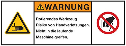 Warnaufkleber WARNUNG Rotierendes Werkzeug Risiko von Handverletzungen. Nicht in die laufende Maschine greifen. Schild Folie 35x80 / 45x100 / 70x160mm Made in Germany, Größe: 35x80 mm von MBS-SIGNS